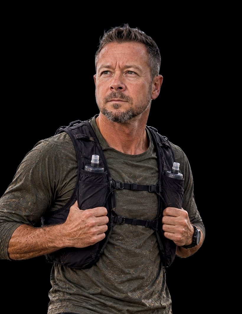 Darren Ware, ultra running coach, in a muddy running vest against a black background