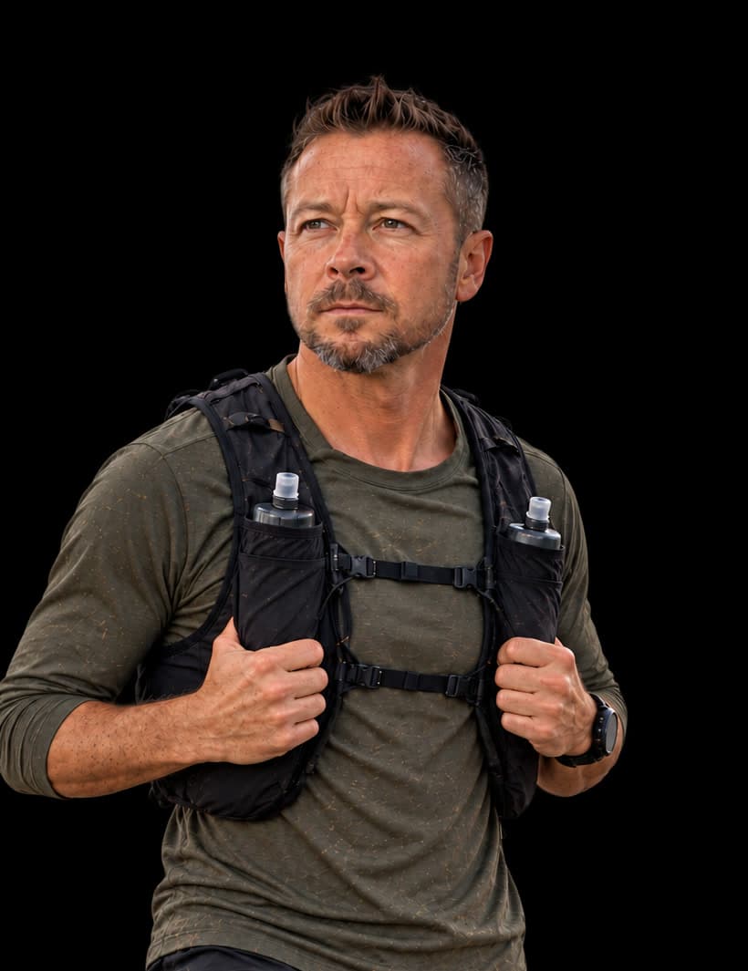 Darren Ware, ultra running coach, in a muddy running vest against a black background