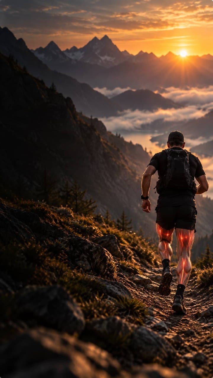 An ultra runner climbing a mountain trail at sunrise above the clouds, the working leg muscles glowing