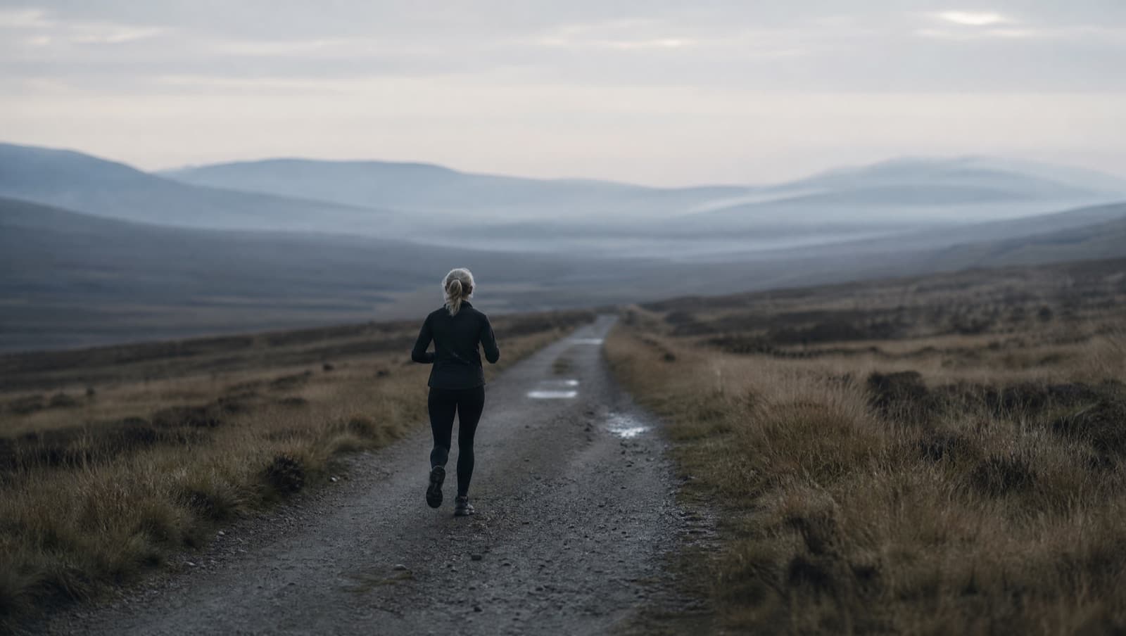 A relaxed runner on an open chalk-and-grass track at dawn